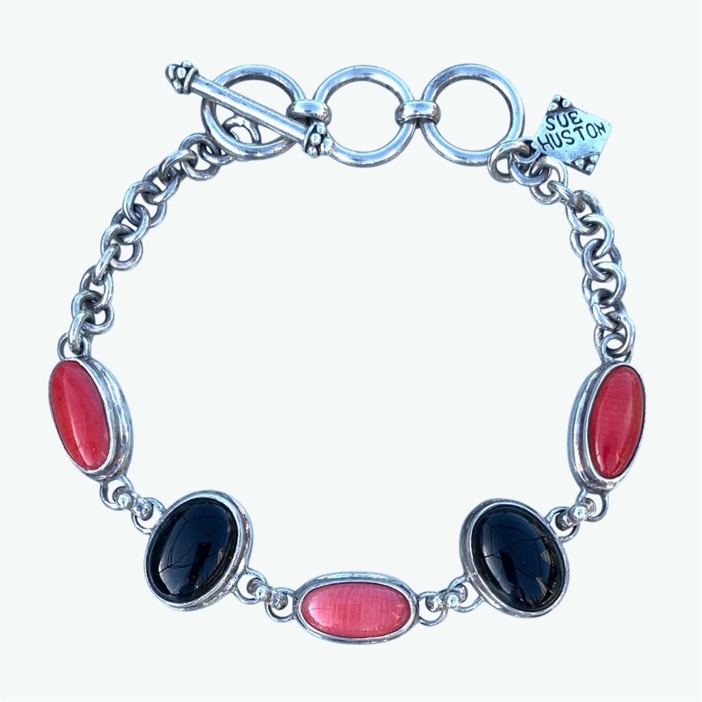 Sue Huston Sterling Silver Oval Onyx Pink and Red Coral Southwestern Bracelet